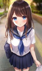 Rule 34 | 1girl, :o, absurdres, bag, blue eyes, blue sailor collar, blue skirt, blurry, blurry background, blush, breasts, brown hair, collarbone, commentary request, cowboy shot, day, depth of field, highres, holding, holding bag, long hair, looking at viewer, medium breasts, miniskirt, neckerchief, open mouth, original, outdoors, parted lips, parum39, pleated skirt, sailor collar, school bag, school uniform, serafuku, shirt, short sleeves, sidelocks, skirt, solo focus, standing, white shirt