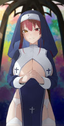 Rule 34 | 1girl, absurdres, breast curtains, breasts, cleavage, clothing cutout, cross, garter belt, garter straps, heterochromia, highres, hololive, houshou marine, houshou marine (nun), lace trim, large breasts, looking at viewer, no panties, no pants, nun, own hands together, praying, red eyes, red hair, side cutout, skindentation, smile, so shio, thighhighs, veil, virtual youtuber, white thighhighs, yellow eyes