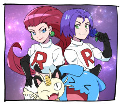 Rule 34 | 1boy, 1girl, bad id, bad twitter id, black gloves, blue eyes, blue flower, border, closed mouth, commentary request, creatures (company), cropped jacket, dede (qwea 00000), elbow gloves, flower, game freak, gen 1 pokemon, gen 2 pokemon, gloves, green eyes, holding, holding flower, jacket, james (pokemon), jessie (pokemon), korean commentary, logo, long hair, meowth, nintendo, pokemon, pokemon (anime), pokemon (classic anime), pokemon (creature), purple hair, red hair, short hair, skirt, smile, white border, white jacket, white skirt, wobbuffet