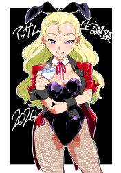 Rule 34 | 1girl, absurdres, animal ears, assam (girls und panzer), black background, blonde hair, blue eyes, border, breasts, coat, commentary request, contrapposto, cup, detached collar, fake animal ears, fishnet pantyhose, fishnets, girls und panzer, hair pulled back, highres, leotard, long hair, looking at viewer, medium breasts, neck ribbon, pantyhose, pink ribbon, playboy bunny, rabbit ears, rabbit tail, red coat, ribbon, shinkuukan (tetsuo3), solo, standing, tail, teacup, translation request, two-tone background, white border, wrist cuffs