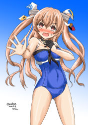 Rule 34 | 1girl, black gloves, blue background, blush, breasts, brown eyes, casual one-piece swimsuit, commentary request, dated, fang, foreshortening, gloves, gradient background, highres, johnston (kancolle), kantai collection, light brown hair, long hair, medium breasts, nose blush, official alternate costume, one-piece swimsuit, senon, single glove, solo, standing, swimsuit, twitter username, two side up