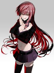 Rule 34 | 10s, 1girl, akuma no riddle, belt, blood, blood on clothes, blood on face, breasts, cleavage, collarbone, eyelashes, gradient background, hair between eyes, inukai isuke, knife, licking lips, long hair, medium breasts, minakata sunao, navel, official art, open mouth, pale skin, pink hair, pleated skirt, simple background, skirt, solo, thighhighs, tongue, tongue out, weapon, yellow eyes