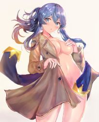 Rule 34 | 1girl, beige background, blue eyes, blue hair, blush, bottomless, breasts, brown coat, coat, covering privates, covering one breast, cowboy shot, earrings, eriyama e, floating hair, gotland (kancolle), hair between eyes, hair bun, hand on own chest, hoop earrings, jewelry, kantai collection, long hair, long sleeves, looking at viewer, medium breasts, mole, mole under eye, navel, open clothes, open mouth, sidelocks, simple background, single hair bun, solo, standing, stomach, trench coat, white background, wind