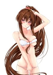 Rule 34 | 1girl, arm up, bare shoulders, blush, bra, breasts, brown eyes, brown hair, collarbone, cowboy shot, flower, hair flower, hair ornament, head tilt, highres, kantai collection, large breasts, long hair, looking at viewer, navel, panties, parted lips, ponytail, rizzl, simple background, skindentation, solo, stomach, underwear, very long hair, white background, white bra, white panties, yamato (kancolle)