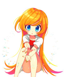 Rule 34 | 1girl, :o, absurdres, blue eyes, blush, coat, collarbone, eyebrows, feet out of frame, female focus, fingernails, highres, long hair, looking at viewer, mona (warioware), nail polish, nintendo, offbeat, open clothes, open coat, orange hair, orange nails, parted lips, sitting, solo, very long hair, warioware, white background, white coat