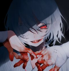 Rule 34 | 1girl, absurdres, bandages, blood, blood on face, blood on hands, eyepatch, eyes visible through hair, fangs, female focus, highres, hospital gown, looking at viewer, original, raruk1531, red eyes, ringed eyes, shade, smile, solo, teeth, tsurime, white hair