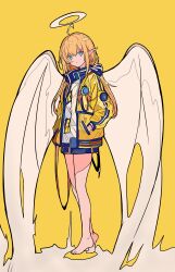 Rule 34 | 1girl, absurdres, angel wings, barefoot, blonde hair, blue skirt, full body, green eyes, halo, highres, jacket, long hair, long sleeves, looking at viewer, miniskirt, nanxiacheng1, open mouth, original, pointy ears, shirt, simple background, skirt, solo, white halo, white shirt, wings, yellow background, yellow jacket