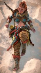 Rule 34 | 1girl, 3d, aloy (horizon), bodypaint, braid, breasts, female focus, freckles, from above, full body, game cg, game console, glitch, highres, horizon (video game), horizon forbidden west, horizon zero dawn, long hair, looking at viewer, lying, messy hair, navel, nipples, on back, on ground, outdoors, red hair, solo, sweat, tribal, video game