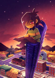 Rule 34 | 1other, absurdres, androgynous, artist name, brown footwear, brown hair, brown pants, building, chair stack, child, cloud, colored skin, commentary request, crossed legs, deltarune, from above, full body, gradient sky, green sweater, highres, house, kris (deltarune), long sleeves, looking down, mountainous horizon, on chair, one eye covered, orange sky, other focus, outdoors, pants, red eyes, road, shaded face, shoes, short hair, sitting, sky, smirk, solo, stack, star (sky), starry sky, street, sunset, sweater, town, tree, watawata22, yellow skin