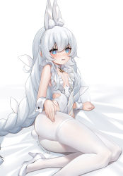 Rule 34 | + +, 1girl, absurdres, ahoge, animal ear fluff, animal ears, ass, azur lane, blue eyes, blush, braid, choker, collarbone, commentary request, covered navel, dated, fake animal ears, fake tail, flat chest, haimian-v-, hair between eyes, hairband, high heels, highres, le malin (azur lane), le malin (listless lapin) (azur lane), leotard, long hair, looking at viewer, lounging, low twin braids, lying, o-ring, o-ring choker, on side, open mouth, pantyhose, playboy bunny, rabbit ears, rabbit tail, sidelocks, silver hair, skindentation, sleeveless, solo, sweatdrop, tail, thigh strap, twin braids, very long hair, white footwear, white leotard, white pantyhose, wrist cuffs