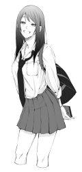 Rule 34 | 1girl, :d, absurdres, arms behind back, bag, breast pocket, cellphone, cropped legs, greyscale, highres, holding, holding phone, long sleeves, looking at viewer, monochrome, necktie, open mouth, original, phone, pleated skirt, pocket, school bag, school uniform, shirt, shoulder bag, simple background, skirt, smartphone, smile, solo, standing, vice (kuronekohadokoheiku), white background