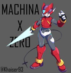 Rule 34 | 1boy, absurdres, cable, cable tail, cosplay, cropped jacket, english text, grey background, helmet, highres, holding, holding sword, holding weapon, holostars, holostars english, khaizer, looking at viewer, machina x flayon, male focus, mechanical tail, mega man (series), mega man zero (series), orange eyes, red hair, sword, tail, twitter username, virtual youtuber, weapon, z saber, zero(z) (mega man), zero (mega man), zero (mega man) (cosplay)