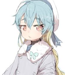Rule 34 | 1girl, alchera, blonde hair, blue hair, coat, fur-trimmed coat, fur trim, gradient hair, grey coat, hat, kantai collection, long hair, looking at viewer, multicolored hair, red eyes, sado (kancolle), sailor hat, simple background, solo, triangle mouth, tsurime, white background, white hat