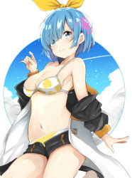 Rule 34 | 1girl, alternate costume, bare shoulders, bikini, black shorts, blue eyes, blue hair, blue sky, breasts, cleavage, closed mouth, collarbone, commentary request, eyes visible through hair, hair ornament, hair over one eye, hair ribbon, hairclip, harusame (moyuna412), jacket, long sleeves, looking at viewer, medium breasts, navel, off shoulder, open clothes, re:zero kara hajimeru isekai seikatsu, rem (re:zero), ribbon, short hair, short shorts, shorts, sky, smile, solo, stomach, swimsuit, white background, x hair ornament, yellow bikini, yellow ribbon