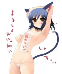 Rule 34 | animal ears, armpits, blue hair, brown eyes, cat ears, cat tail, nude, panties, shin (new), short hair, solo, tail, translation request, underwear