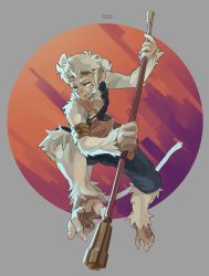 Rule 34 | 1boy, armlet, dated, diadem, fighting stance, fur, gowshi, highres, holding polearm, holding weapon, male focus, monkey boy, monkey tail, monster boy, original, polearm, serious, shorts, sideburns, signature, solo, staff, tail, weapon, white fur, white hair