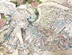 Rule 34 | 1girl, angel wings, beret, blue eyes, blue hair, commentary request, dress, feathered wings, feathers, flower, grey dress, grey hair, hair flower, hair ornament, hat, highres, interlocked fingers, isekai joucho, kamitsubaki studio, multicolored hair, own hands clasped, own hands together, solo, traditional media, two-tone hair, upper body, virtual youtuber, white hat, white wings, wings, yoru (hina dri030)