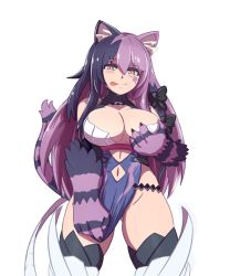 Rule 34 | 1girl, 7th dragon, 7th dragon (series), 7th dragon iii, :p, animal ears, animal hands, black fur, black hair, black ribbon, black thighhighs, breasts, breasts apart, cat ears, cat tail, cheshire cat (alice in wonderland), cheshire cat (monster girl encyclopedia), cleavage cutout, closed mouth, clothing cutout, commentary, cosplay, cowboy shot, english commentary, facial tattoo, fur, gluteal fold, grabbing own breast, hair between eyes, hair ribbon, heart, heart tattoo, highres, large breasts, legs apart, long hair, looking at viewer, monster girl, monster girl encyclopedia, multicolored hair, nav (itsnav), navel, pelvic curtain, purple fur, purple hair, ribbon, rune knight (7th dragon), rune knight (7th dragon) (cosplay), rune knight (cosplay), rune knight (ragnarok online), simple background, slit pupils, smile, solo, standing, striped, tail, tattoo, thighhighs, tongue, tongue out, two-tone hair, white background, yellow eyes