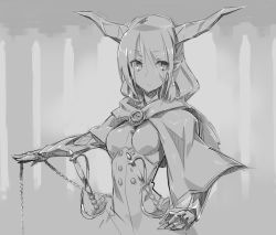 Rule 34 | 1girl, capelet, chain, compass, earrings, expressionless, gauntlets, greyscale, hand on own hip, horns, jewelry, long hair, looking to the side, monochrome, original, outstretched arm, outstretched hand, pointy ears, sheath, sheathed, solo, sword hilt, tomonao, underbust, upper body