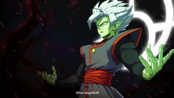 Rule 34 | 1boy, absurdres, closed mouth, colored skin, dragon ball, dragon ball super, earrings, evil smile, fused zamasu, green skin, halo, highres, horang4628, jewelry, long sleeves, looking at viewer, male focus, pointy ears, potara earrings, red sash, sash, smile, solo, twitter username, white eyes, white hair