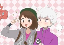 Rule 34 | ..., 1boy, 1girl, :d, ahoge, bede (pokemon), blush, brown eyes, brown hair, buttons, cable knit, cardigan, closed mouth, coat, collared dress, commentary request, creatures (company), dress, game freak, gen 4 pokemon, gloria (pokemon), gloves, green headwear, grey cardigan, hand up, hat, high collar, highres, hooded cardigan, nintendo, open mouth, outline, pokemon, pokemon (creature), pokemon swsh, purple coat, rotom, rotom phone, short hair, smile, sparkle, spoken ellipsis, sweatdrop, tam o&#039; shanter, tongue, twitter username, v, yja61