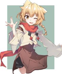 Rule 34 | 1girl, animal ears, arm up, blonde hair, braid, brown eyes, commentary request, dress, fang, hair between eyes, ithea myse valgulious, long hair, long sleeves, looking at viewer, one eye closed, open mouth, red scarf, scarf, shorts, shuumatsu nani shitemasu ka?, simple background, smile, solo, standing, tsuezu, twin braids, two-tone background