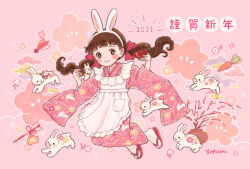 Rule 34 | 1girl, 2023, animal, animal ears, animal print, apron, arrow (projectile), blunt bangs, bow, bowl, brown hair, carrot, cherry blossom print, chopsticks, chrysanthemum print, fake animal ears, feathers, floating hair, floral background, floral print, flower, flower pot, food, frilled apron, frills, full body, furisode, hair bow, hairband, holding, holding bowl, holding chopsticks, japanese clothes, jumping, kimono, long sleeves, low twintails, maid apron, midair, new year, object request, original, pink background, pink bow, pink flower, pink footwear, pink kimono, pink theme, plant, pocket, potted plant, print kimono, rabbit, rabbit ears, rabbit print, sandals, socks, tokoyu, twintails, vegetable, white apron, white flower, white fur, white hairband, white rabbit (animal), white socks, wide sleeves, zouri
