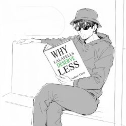 Rule 34 | 1boy, adventurer (ff14), book, closed eyes, closed mouth, crossed legs, final fantasy, final fantasy xiv, hat, holding, holding book, hood, hoodie, jamjamstyle, long sleeves, male focus, meme, pants, sitting, solo, sunglasses, warrior of light (ff14)