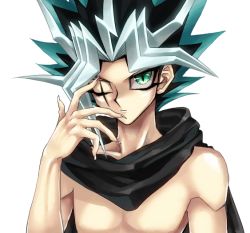 Rule 34 | 1boy, alternate color, alternate eye color, alternate hair color, cape, dark persona, dyed bangs, fingernails, green eyes, long fingernails, male focus, multicolored hair, official style, one eye closed, sakana (ousamandnd), scar, slit pupils, solo, spiked hair, topless male, upper body, white background, wink, yami yugi, yu-gi-oh!, yu-gi-oh! duel monsters