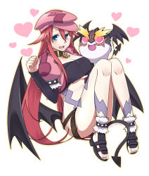 Rule 34 | 1girl, :d, ankle cuffs, aty (summon night), beret, black footwear, blue eyes, blush, breasts, cabbie hat, cleavage, clenched hand, collar, cosplay, cropped jacket, demon tail, demon wings, fang, full body, hair between eyes, hair flaps, hands up, hat, heart, heart-shaped eyes, heart background, jacket, kanoko y, keyhole, large breasts, long hair, long sleeves, looking at viewer, navel, open clothes, open jacket, open mouth, pink hat, pink jacket, puffy sleeves, red hair, rutile (summon night), shoes, sidelocks, smile, spikes, strapless, summon night, summon night 3, tail, tattoo, tube top, twitter username, very long hair, white background, wings