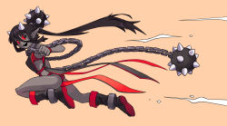 Rule 34 | 1girl, :d, absurdres, ball and chain (weapon), bare shoulders, beige background, black eyes, black hair, boots, chain, collar, colored sclera, colored skin, cuffs, demon girl, flail, full body, grey skin, hair between eyes, hair bun, highres, horns, long hair, metal collar, open mouth, original, orisghost, pointy ears, ponytail, red sclera, shackles, simple background, single hair bun, smile, solo, spikes, tabard, teeth, upper teeth only, very long hair, weapon, white background