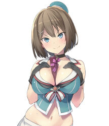 Rule 34 | 1girl, bare shoulders, beret, between breasts, black choker, black gloves, blue eyes, blush, box, breasts, brown hair, choker, cleavage, commentary request, gift, gift box, gloves, hair ornament, hands on own chest, hat, highres, kantai collection, large breasts, looking at viewer, maya (kancolle), maya kai ni (kancolle), midriff, navel, sakana (flame sakana), short hair, simple background, skirt, sleeveless, smile, solo, sweat, upper body, valentine, white background, x hair ornament