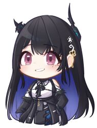 Rule 34 | 1girl, asymmetrical horns, black hair, black horns, black wings, blue hair, blush, chibi, collared shirt, colored inner hair, demon horns, flower knot, grin, hair ornament, highres, hololive, hololive english, horns, long hair, looking at viewer, low wings, moon ldl, multicolored hair, nerissa ravencroft, nerissa ravencroft (1st costume), red eyes, shirt, sidelocks, simple background, smile, solo, straight hair, tassel, tassel hair ornament, uneven horns, very long hair, virtual youtuber, white background, white shirt, wings