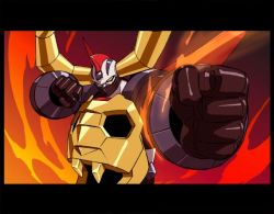 Rule 34 | 2006, clenched hand, clenched hands, fire, gaiking, gaiking: legend of daikuu maryuu, gaiking (dmg), horns, letterboxed, mask, mouth mask, official art, punching, wings, yellow eyes