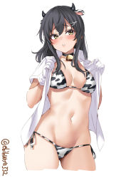 Rule 34 | 1girl, animal ears, animal print, bell, bikini, black hair, blouse, blush, breasts, brown eyes, cleavage, collar, collarbone, cow ears, cow girl, cow print, cowbell, cowboy shot, ebifurya, gloves, gluteal fold, groin, hair between eyes, hair ornament, hair ribbon, hairclip, highres, kantai collection, long hair, looking at viewer, medium breasts, navel, neck bell, open clothes, open shirt, oyashio (kancolle), parted lips, ribbon, shirt, side-tie bikini bottom, sidelocks, simple background, solo, standing, stomach, swimsuit, twitter username, white background, white gloves, white shirt, yellow eyes