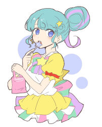 Rule 34 | 1girl, bag, blue eyes, blue hair, blush, bow, commentary request, cropped legs, dress, earrings, hair bun, hair ornament, hands up, holding, holding bag, jewelry, looking at viewer, multicolored hair, nojima minami, open mouth, pink hair, pinon (pripara), pretty series, pripara, short hair, sidelocks, single hair bun, solo, standing, star (symbol), star earrings, star hair ornament, streaked hair, striped, white background, yellow dress