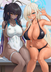 Rule 34 | 2girls, ahoge, alternate costume, arm support, asuna (blue archive), asymmetrical bangs, b-pang, beach umbrella, bikini, black bikini, black hair, blue archive, blush, braid, breasts, cleavage, collarbone, commentary request, competition swimsuit, covered navel, curvy, dark-skinned female, dark skin, feet out of frame, grin, hair over one eye, halo, hand up, highres, huge breasts, karin (blue archive), knees together feet apart, large breasts, light brown hair, long bangs, long hair, looking at viewer, mole, mole on breast, multiple girls, navel, one-piece swimsuit, outdoors, sideboob, sitting, skindentation, smile, stomach, swimsuit, tan, thigh strap, two-tone one-piece swimsuit, umbrella, very long hair