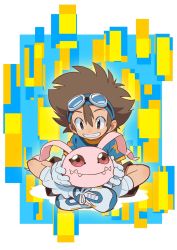 Rule 34 | 1boy, blue shirt, brown eyes, brown hair, brown shorts, digimon, digimon (creature), digimon adventure, goggles, goggles on head, highres, koromon, crossed legs, nobile1031, parted lips, shirt, shoes, short sleeves, shorts, sitting, smile, socks, solo, white footwear, yagami taichi