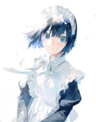 Rule 34 | 1girl, apron, black hair, blue eyes, bob cut, bow, bowtie, c:, closed mouth, dappled sunlight, falling petals, floating hair, frilled apron, frilled hairband, frills, hairband, highres, juliet sleeves, long sleeves, looking at viewer, maeya susumu, maid, maid-san wa taberu dake, maid apron, maid headdress, no lineart, official art, petals, puffy sleeves, short hair, sidelighting, simple background, smile, solo, straight hair, sunlight, suzume (maid-san wa taberu dake), upper body, white apron, white background, white bow, white bowtie, white hairband, wind, wing collar