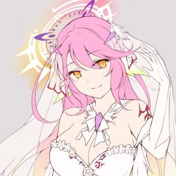 Rule 34 | 1girl, angel, breasts, bridal veil, bride, cleavage, commentary request, spiked halo, dress, elbow gloves, gloves, gradient hair, halo, ikasoke (likerm6au), jibril (no game no life), large breasts, long hair, looking at viewer, magic circle, multicolored hair, no game no life, parted lips, pink hair, smile, solo, tattoo, veil, very long hair, wedding dress, white dress, white gloves, wing ears, yellow eyes