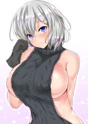 Rule 34 | 10s, 1girl, alternate costume, arm behind back, black gloves, black sweater, blue eyes, blush, breasts, gloves, hair ornament, hairclip, hamakaze (kancolle), head tilt, highres, huge breasts, kantai collection, looking at viewer, meme attire, ribbed sweater, sankakusui, short hair, sideboob, silver hair, simple background, smile, solo, sweater, turtleneck, upper body, virgin killer sweater, white background