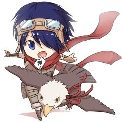 Rule 34 | 1boy, ace (playing card), ace of spades, alternate color, belt, bird, blue eyes, blue hair, boots, brown belt, brown footwear, brown gloves, brown shirt, brown shorts, card, card in mouth, chibi, commentary request, crop top, eagle, fingerless gloves, full body, gloves, goggles, goggles on head, hair between eyes, hair over one eye, looking at viewer, male focus, mouth hold, natsuya (kuttuki), open mouth, outstretched arms, playing card, pouch, ragnarok online, ranger (ragnarok online), red scarf, scarf, shirt, short hair, shorts, simple background, sleeveless, sleeveless shirt, smile, solo, spade (shape), white background