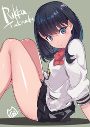 Rule 34 | 10s, 1girl, black hair, black skirt, blue eyes, bow, bowtie, cardigan, character name, green background, gridman universe, highres, legs, long sleeves, looking at viewer, red bow, red bowtie, short hair, simple background, sitting, sketch, skirt, solo, ssss.gridman, takarada rikka, thighs, white cardigan, yamacchi
