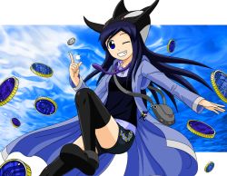 Rule 34 | 1girl, bag, black thighhighs, blue eyes, blue hair, cell medal, character doll, core medal, grin, hat, jacket, kamen rider, kamen rider ooo, kamen rider ooo (series), charm (object), looking at viewer, matching hair/eyes, mezul, one eye closed, orca, redol, shauta (ooo combo), shoulder bag, smile, solo, thighhighs, wink