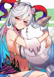 Rule 34 | 1girl, armlet, bare shoulders, bikini, blue flower, blue hair, blush, breasts, closed mouth, commentary request, curled horns, fire emblem, fire emblem heroes, flower, flower necklace, freyja (fire emblem), goat horns, grey hair, hair between eyes, hair flower, hair ornament, highres, holding, holding toy, horns, hug, inflatable toy, jewelry, large breasts, long hair, looking at viewer, multicolored hair, nakabayashi zun, navel, necklace, nintendo, hugging object, official alternate costume, pink flower, red eyes, red horns, sideboob, sitting, solo, swimsuit, thorns, toy, two-tone hair, very long hair, white background, white bikini