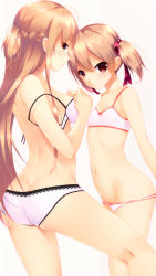 Rule 34 | 10s, 2girls, ass, asuna (sao), bad id, bad pixiv id, bikini, blush, bow, bow bra, bow panties, bra, braid, breasts, brown eyes, brown hair, butt crack, cleavage, flat chest, groin, half updo, highres, kneepits, lingerie, long hair, looking at viewer, looking back, lowleg, lowleg panties, medium breasts, midriff, multiple girls, navel, open mouth, orange hair, panties, parted lips, red eyes, shokuyou mogura, short hair, short twintails, silica, simple background, small breasts, swimsuit, sword art online, twintails, underwear, underwear only, undressing, very long hair, white background, white bra, white panties