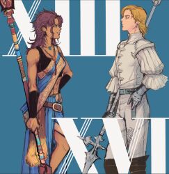 Rule 34 | 1boy, 1girl, belt, bladed lance, blonde hair, blue background, brown hair, dark-skinned female, dark skin, dion lesage, final fantasy, final fantasy xiii, final fantasy xvi, halberd, highres, in-franchise crossover, indian clothes, jewelry, looking at another, loose belt, necklace, oerba yun fang, polearm, sari, slackertherubycat, smile, standing, trait connection, weapon
