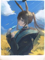 Rule 34 | 1girl, absurdres, amiya (arknights), animal ears, arknights, ascot, black ascot, black jacket, blue collar, blue eyes, blue sky, border, brown hair, cloud, cloudy sky, collar, field, flower, flower field, food, from side, highres, holding, holding food, holding ice cream, hood, hood down, hooded jacket, ice cream, jacket, jewelry, long hair, long sleeves, mm30212, neck ring, outdoors, parted lips, ponytail, popsicle, profile, rabbit ears, rabbit girl, sidelocks, sky, solo, sunflower, sunflower field, upper body, white border, yellow flower