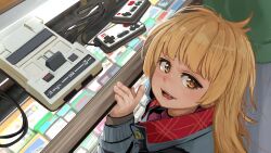Rule 34 | 1girl, :3, :d, blonde hair, coat, commentary, controller, cowlick, dendy, display case, eyelashes, from above, game cartridge, game console, game controller, gamepad, grey coat, highres, long hair, long sleeves, looking at viewer, looking to the side, looking up, loose hair strand, messy hair, mixed-language commentary, open mouth, original, purple shirt, red coat, russian commentary, servachok, shirt, shop, smile, solo, thick eyebrows, two-sided fabric, yellow eyes, zhenya (servachok)