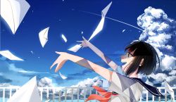 Rule 34 | 1girl, black hair, blue sky, brown eyes, cloud, crying, crying with eyes open, day, fence, highres, letter, open mouth, original, outstretched arms, red ribbon, ribbon, school uniform, serafuku, short hair, sky, tears, wind, yuzua